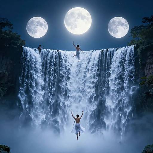 Ethereal Figures Ascending Luminous Waterfall