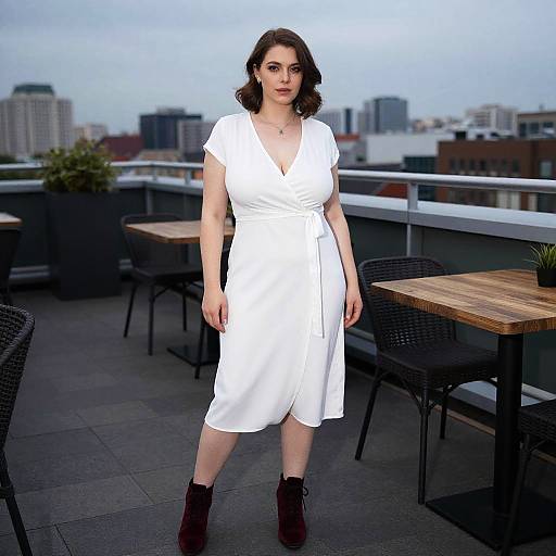 Photograph of a curvy, pale-skinned woman with dark brown, wavy hair wearing a white, wrap-style dress and maroon ankle boots