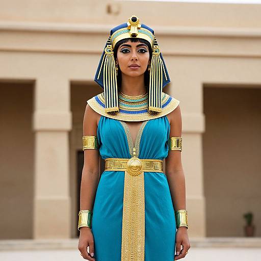 Photograph of a young woman dressed in an ancient Egyptian-style outfit with blue dress, gold accessories, striped headdress, and ornate collar, standing