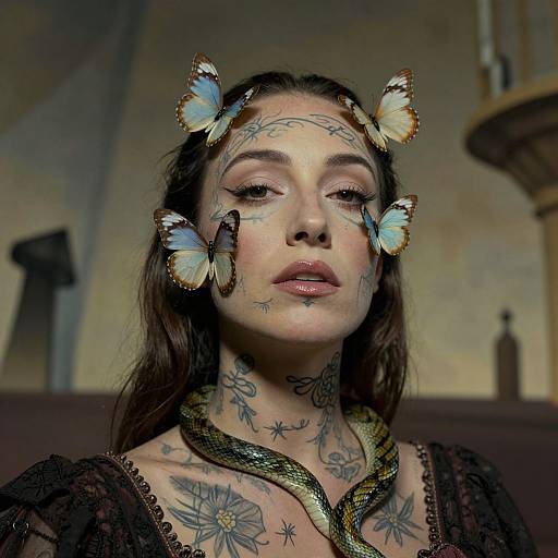 Photograph of a tattooed woman with blue butterflies on her face, wearing a black lace dress and green snake necklace, in a dimly lit,