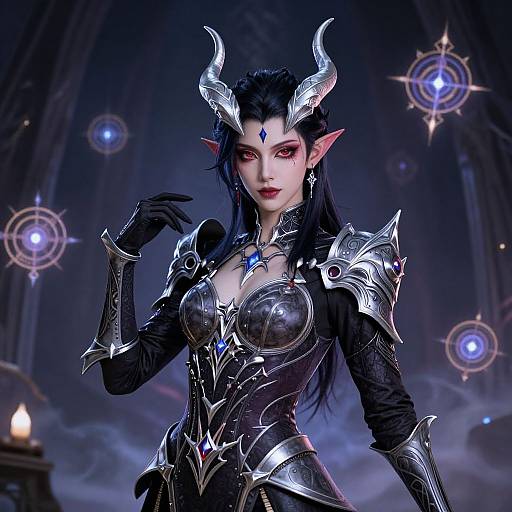Digital artwork of a dark elf woman with black hair, red eyes, and silver horns, wearing intricate metallic armor, set against a mystical, blue-l