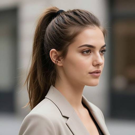 Photograph of a young woman with light skin, brown hair in a high ponytail, wearing a beige blazer, looking to the right, with