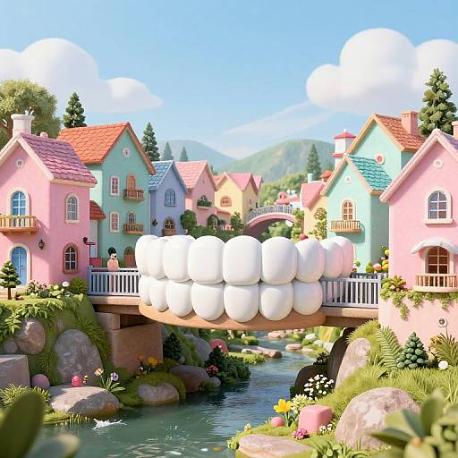 Whimsical digital illustration of pastel-colored houses with red roofs, featuring a white sack bridge over a flowing river, surrounded by lush greenery and