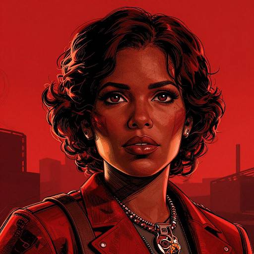 Digital illustration of a dark-skinned woman with short curly hair, intense gaze, wearing a red leather jacket and necklace, against a vibrant red urban background