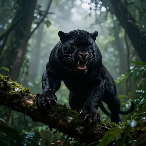 Photorealistic CGI of a fierce black panther with sharp claws and bared teeth, prowling on a moss-covered tree branch in a dense,
