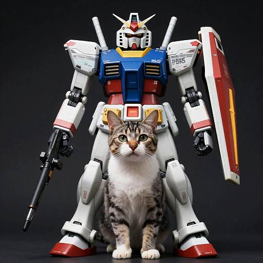 Cat Sitting in Front of Gundam RX-78 Model