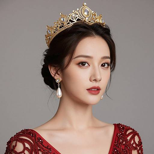Radiant Woman in Gold Tiara and Red Dress