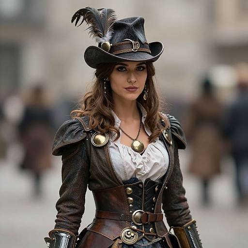 Photograph of a Victorian-era steampunk woman with dark brown wavy hair, black hat with feather, white blouse, brown leather corset,