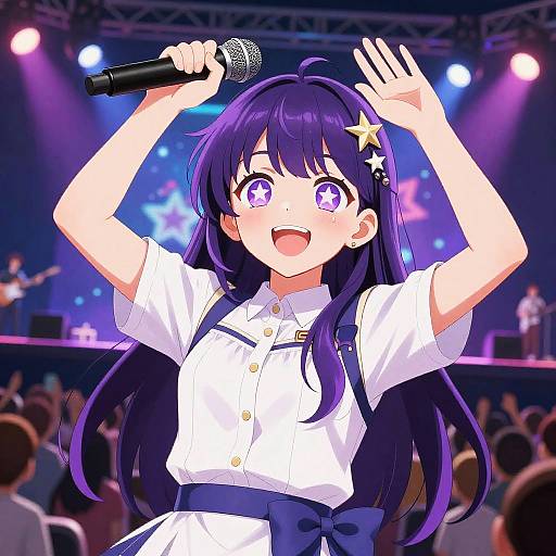 Anime-style digital drawing of a purple-haired girl with star hairpin, holding a microphone, singing on stage, wearing a white shirt with blue bow.