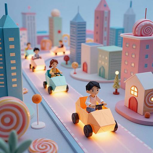 Photograph of a colorful, toy cityscape with illuminated toy cars driven by miniature figures on a winding road, featuring pastel buildings and candy-themed decorations