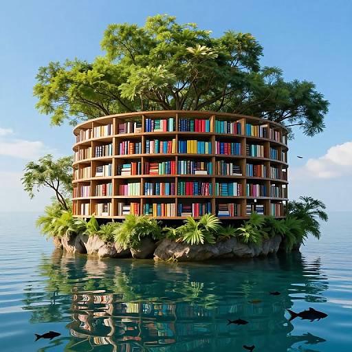 Suspended Bookshelves on Lush Island