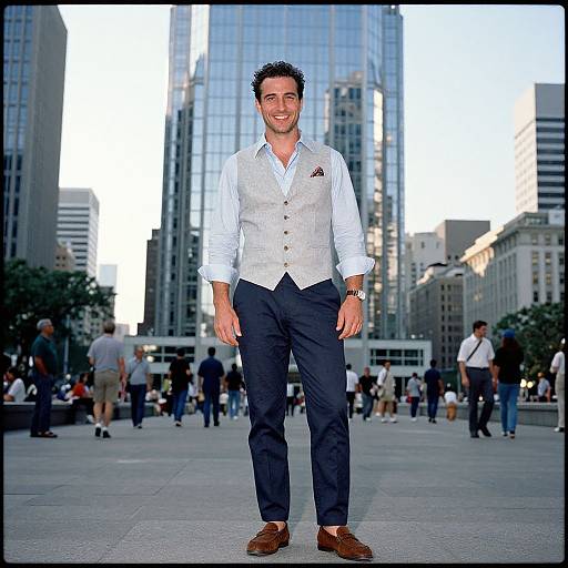Photograph of a smiling man with short dark hair, white shirt, gray vest, navy pants, brown loafers, standing in a bustling urban plaza