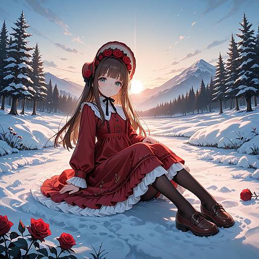Girl in Red Dress Sitting in Snowy Winter Landscape