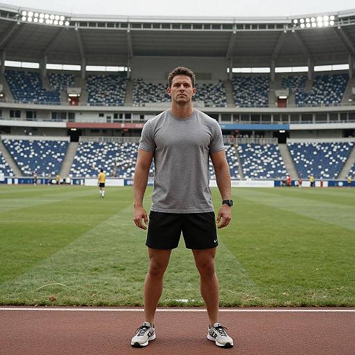 Photograph of a muscular, light-skinned man in a gray t-shirt, black shorts, and white sneakers standing on a soccer field in an empty