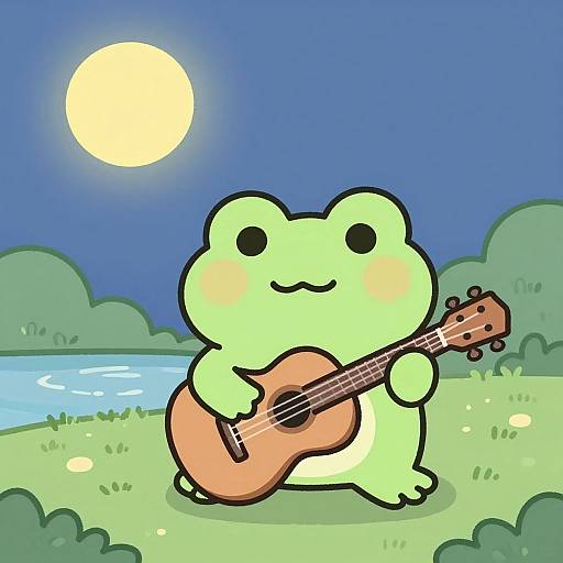 Cute, green, cartoon frog with blush marks plays acoustic guitar under a bright yellow moon in a blue night sky, beside a lake and green bushes