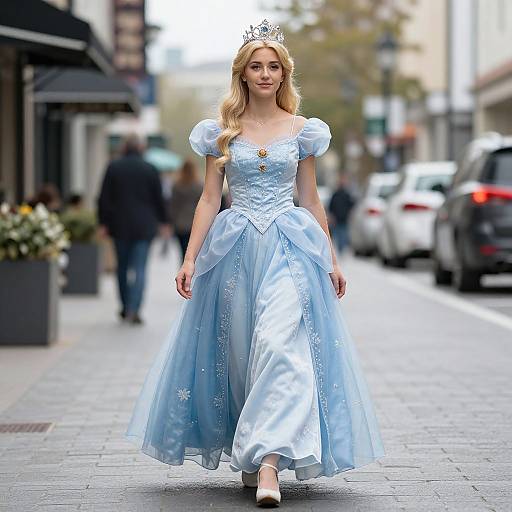 Photograph of a blonde woman in a light blue, snowflake-embellished princess gown and silver tiara, walking down a bustling urban street
