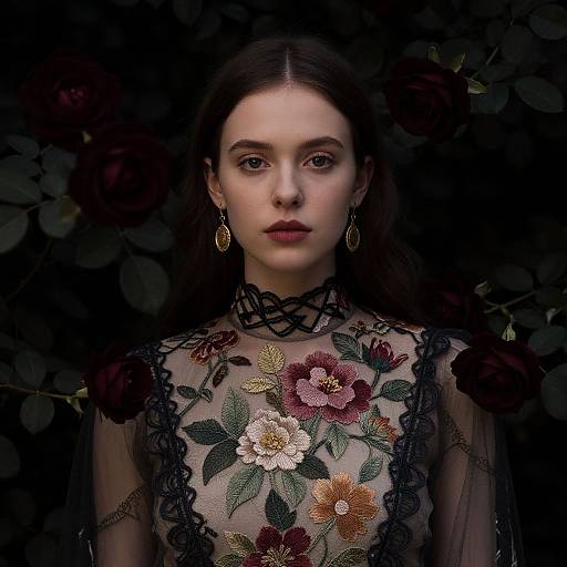 Photograph of a pale-skinned woman with dark brown hair, wearing a sheer lace dress adorned with colorful floral embroidery, set against a dark, rose