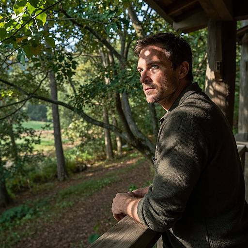 Photograph of a middle-aged man with short dark hair, wearing a dark sweater, sitting on a wooden porch, sunlight filtering through trees, green forest
