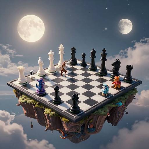 Floating chessboard with oversized pieces under a moonlit sky, surrounded by clouds. Black and white pieces on a checkered board. Digital art.