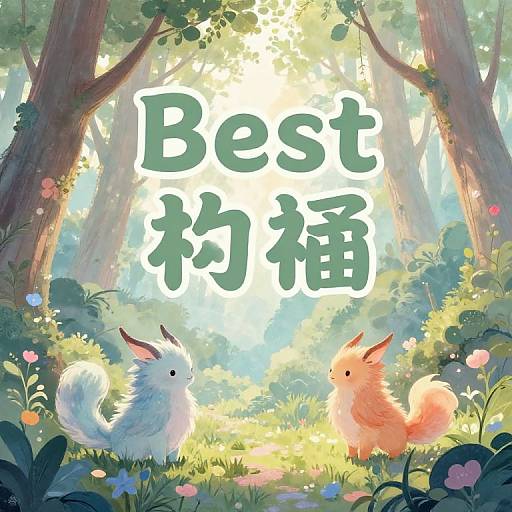 Digital illustration of two fluffy, bunny-like creatures with pink and white fur, standing in a sunlit forest, surrounded by flowers, with 