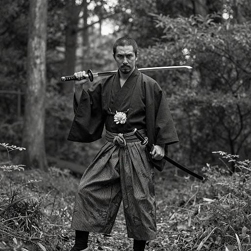 Man in Traditional Japanese Samurai Attire Holding Swords