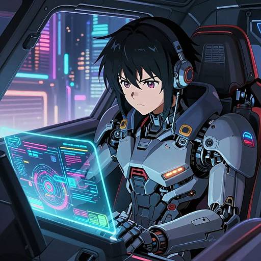 Anime-style digital drawing of a black-haired, serious-faced female pilot in futuristic white and black armor, holding a glowing neon-blue holographic control panel in