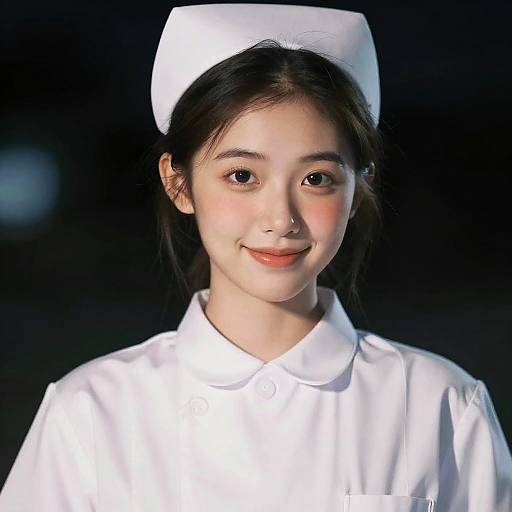 Photograph of an Asian girl with fair skin, black hair, wearing a white nurse's cap and uniform, smiling gently against a dark background.