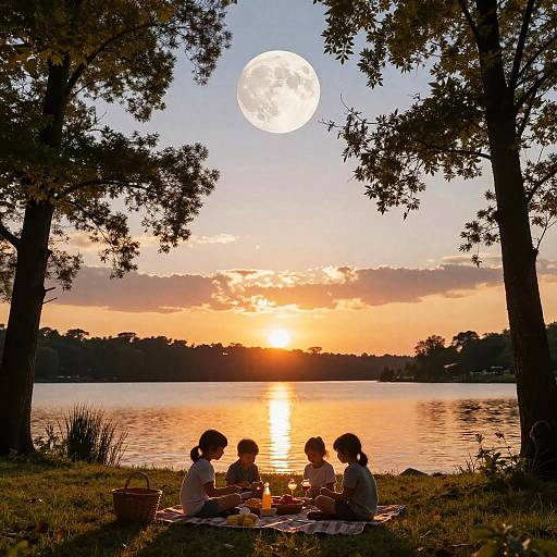 Lakeside Family Picnic at Sunset with Full Moon