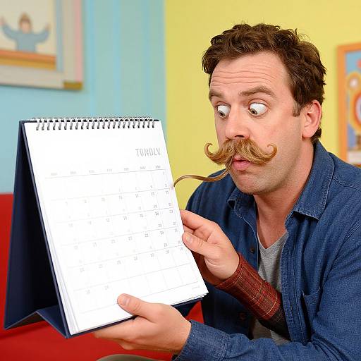 Photograph of a man with a thick, curly mustache, wearing a blue jacket, examining a blank sketchbook with a surprised expression. Bright yellow