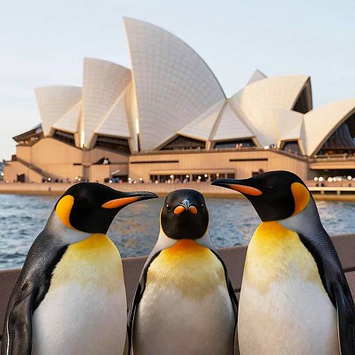 Photograph of three yellow and black King Penguins standing in front of Sydney Opera House, with its iconic white sails in the background.
