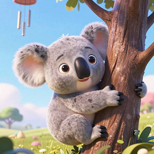 CGI image of a cute, gray koala with large black nose and ears, hugging a tree in a bright, sunny forest.