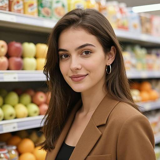 Photograph of a young woman with long brown hair, brown eyes, and hoop earrings, wearing a brown blazer, standing in a brightly lit grocery