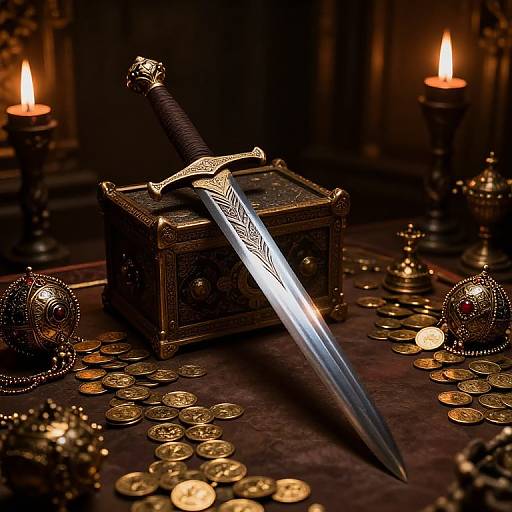 Photograph of an ornate, silver-hilted sword with intricate engravings, resting on a jeweled chest surrounded by coins and lit candles