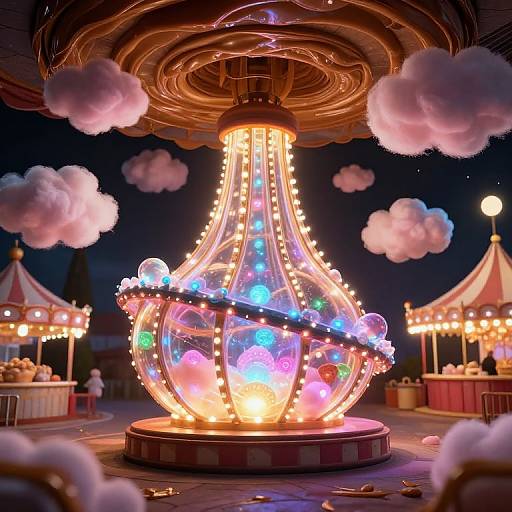Photograph of a vibrant, illuminated carousel centerpiece with colorful neon lights, surrounded by fluffy white clouds and carnival tents at night.