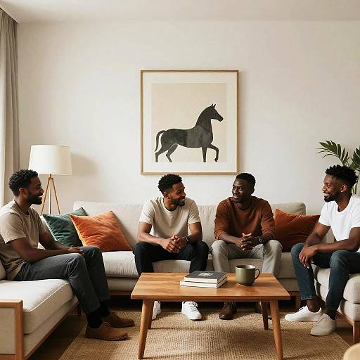 Photograph of four Black men sitting on a white sofa in a modern living room, discussing, with a horse painting above.