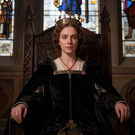 Photograph of a young woman with fair skin and brown curls, wearing a black velvet gown with gold trim, a crown, and seated on an orn