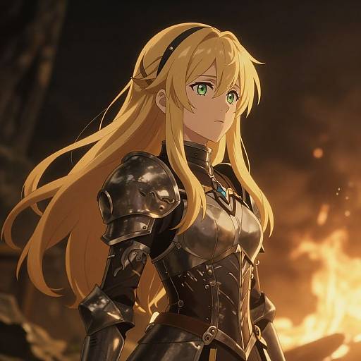 Anime-style digital illustration of a blonde, green-eyed warrior woman in black, shiny armor, standing amidst a fiery background. She looks determined and focused.