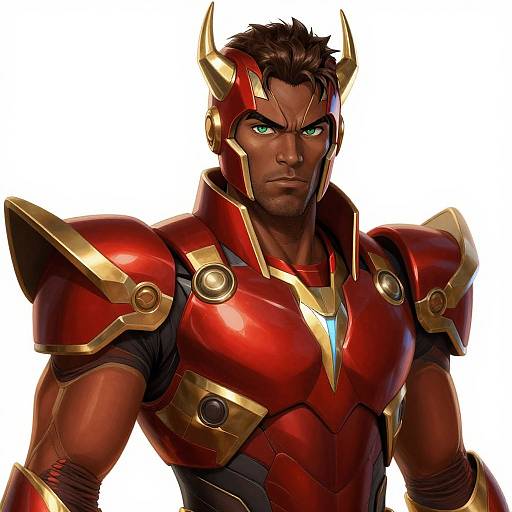 Digital illustration of a muscular, dark-skinned man with glowing green eyes, wearing red and gold armored suit with horns and a glowing blue chest emblem.