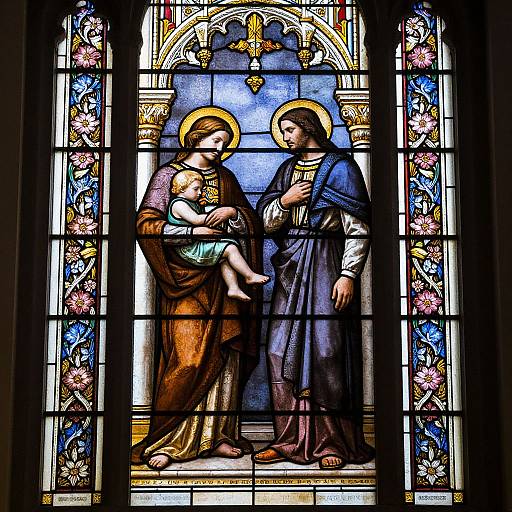 Stained glass window depicting the Virgin Mary in brown robes, holding baby Jesus, and Saint Joseph in blue robes, standing together. Background features floral patterns
