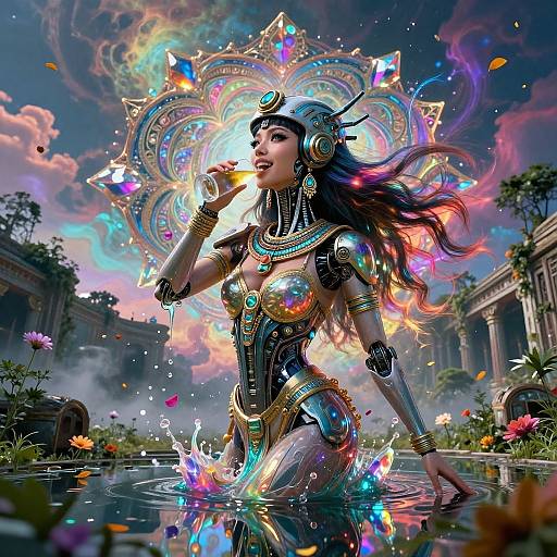 Digital fantasy artwork of a radiant, metallic-clad woman with colorful, glowing headdress, standing in a mystical, flower-filled pond at sunset.