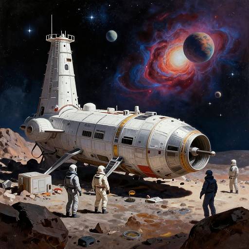 Digital artwork of astronauts in space suits inspecting a futuristic, white, cylindrical spacecraft on a rocky, starry planet with a colorful, swirling galaxy and