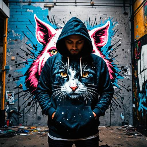 Man in Cat Hoodie in Urban Graffiti Setting