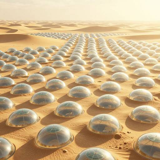 Photograph of a vast desert landscape with evenly spaced, transparent, reflective domes casting long shadows under a glowing, golden sunset.