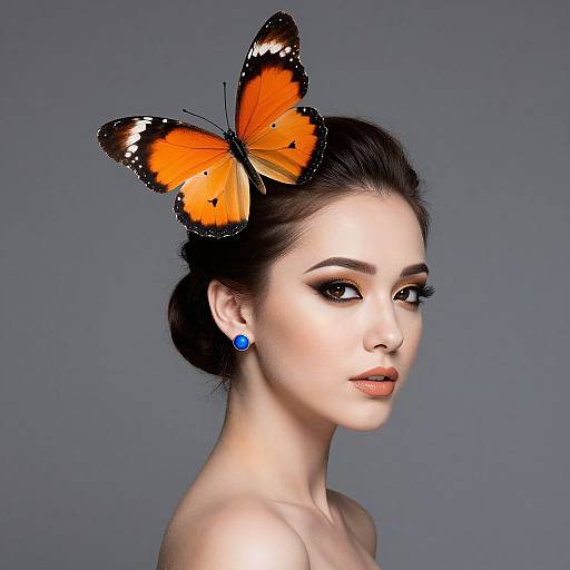 Photograph of an Asian woman with fair skin, dark hair in a bun, wearing a large orange butterfly on her head, blue earrings, and subtle