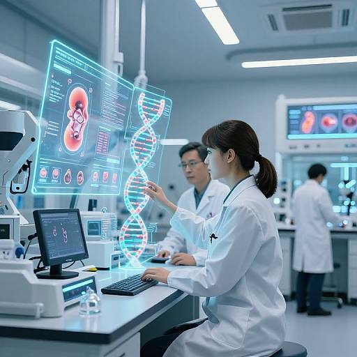 Photograph of three scientists in white lab coats, using glowing blue holographic displays in a brightly lit, modern laboratory.