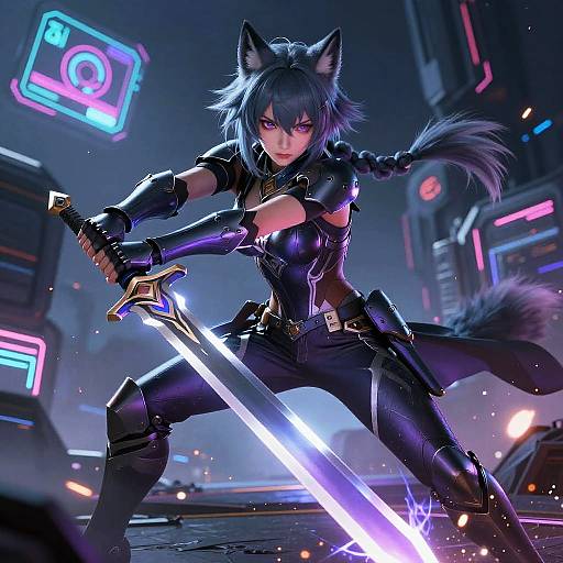 Digital anime-style artwork of a fierce, cat-eared warrior with black hair and a glowing sword in a neon-lit, cyberpunk city.