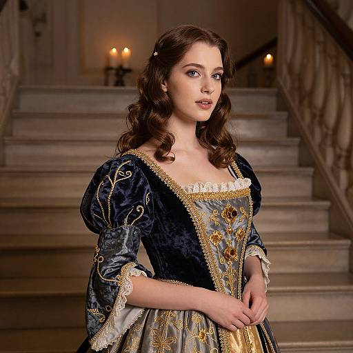 Photograph of a fair-skinned woman with wavy brown hair, wearing an ornate blue and gold Renaissance-style dress, standing on dimly lit