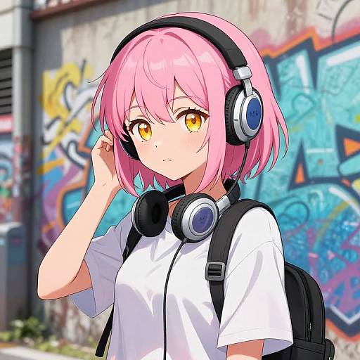 Anime-style digital drawing of a pink-haired girl with yellow eyes, wearing headphones, white shirt, backpack, and graffiti-covered urban background.