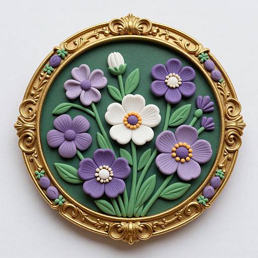 Ornate, circular, gold-framed, green background, detailed 3D floral embroidery with purple, white, and yellow flowers, green leaves