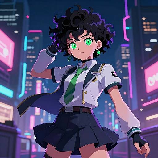 Anime-style digital drawing of a confident girl with curly black hair, green eyes, and green earrings, wearing a white school uniform with a green tie and